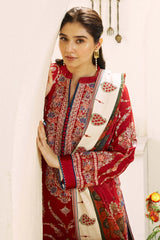 BrandsInn- 3PC DHANAK EMBROIDERED SHIRT WITH COUTURE PRINT SHAWL AND EMBROIDERED TROUSER -BI-4091