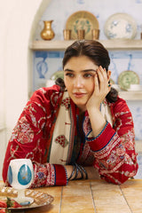 BrandsInn- 3PC DHANAK EMBROIDERED SHIRT WITH COUTURE PRINT SHAWL AND EMBROIDERED TROUSER -BI-4091