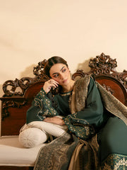 BrandsInn-3PC KHADDAR EMBROIDERED SHIRT WITH COURTRAI WOOL PRINT SHAWL AND TROUSER-BI-4394
