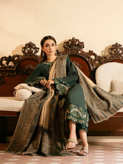 BrandsInn-3PC KHADDAR EMBROIDERED SHIRT WITH COURTRAI WOOL PRINT SHAWL AND TROUSER-BI-4394