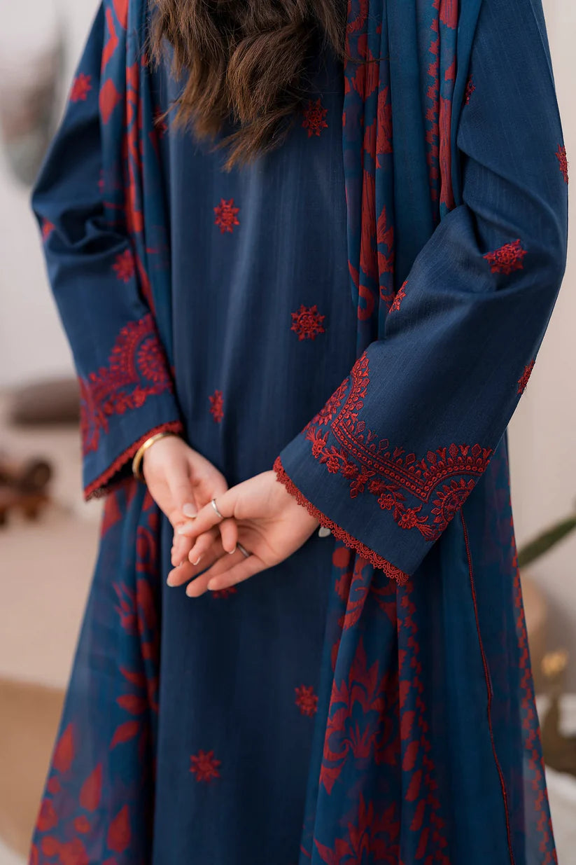BrandsInn- 3PC LAWN EMBROIDERED SHIRT WITH MONARK PRINT DUPATTA & TROUSER-BI-234