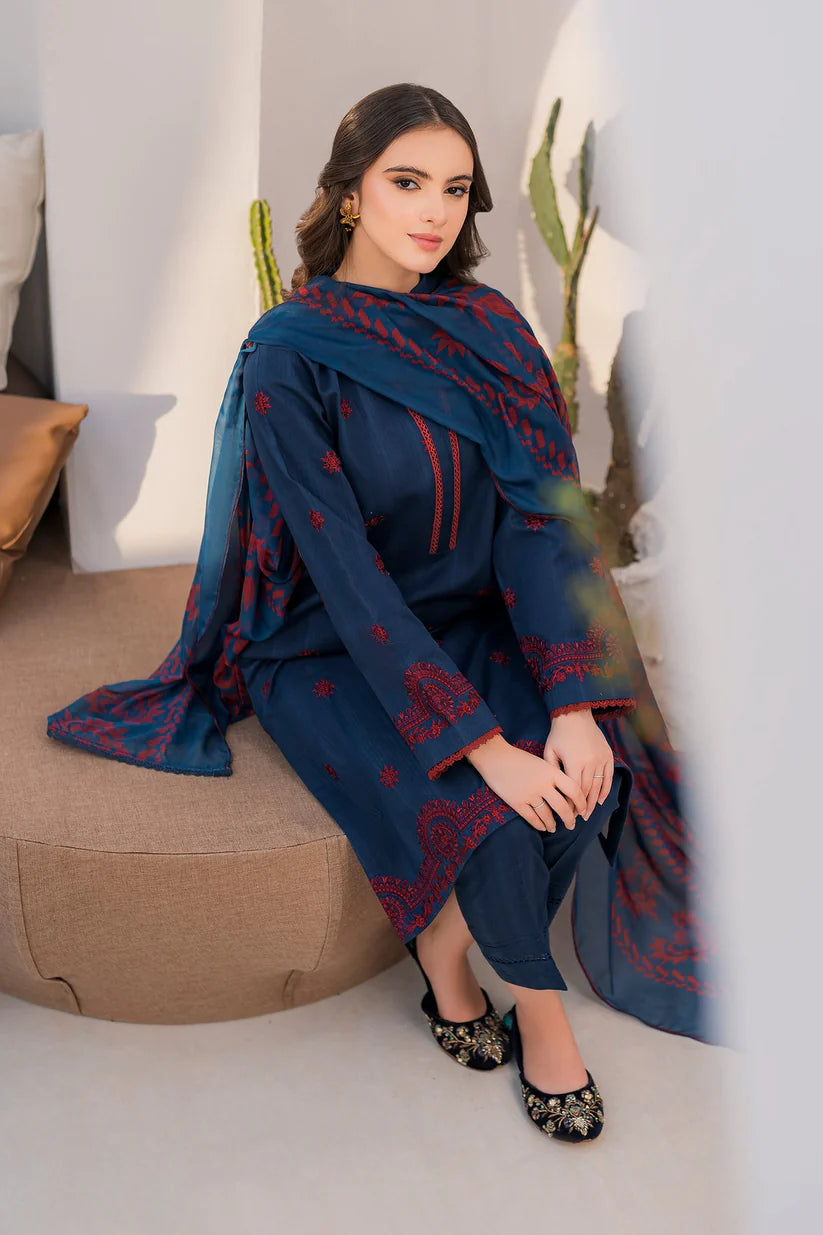 BrandsInn- 3PC LAWN EMBROIDERED SHIRT WITH MONARK PRINT DUPATTA & TROUSER-BI-234