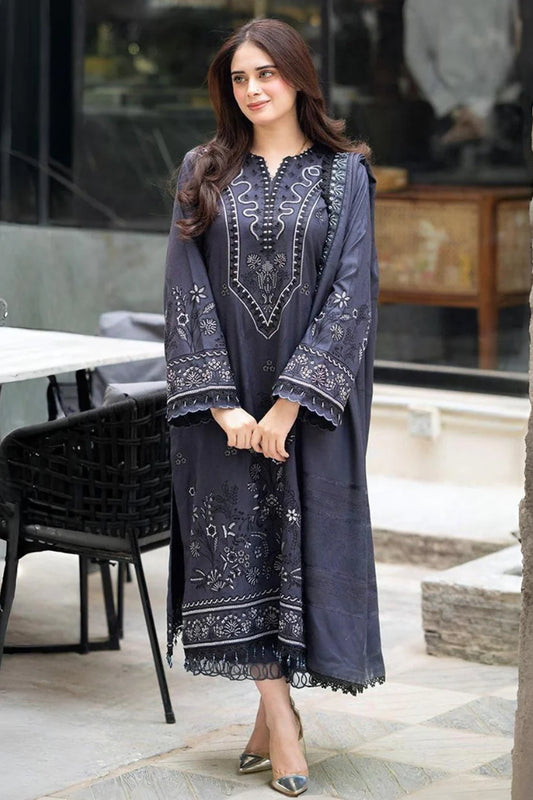 BrandsInn-3PC DHANAK EMBROIDERED SHIRT WITH DHANAK EMBROIDERED SHAWL & TROUSER-BI-4172