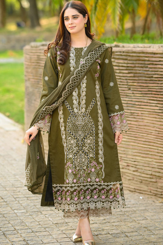 BrandsInn-3PC KARANDI EMBROIDERED SHIRT WITH KARANDI EMBROIDERED SHAWL & EMB TROUSER-BI-4298