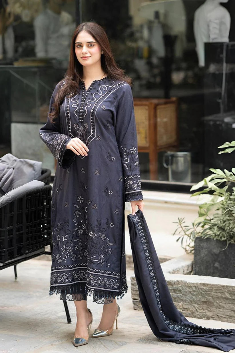BrandsInn-3PC DHANAK EMBROIDERED SHIRT WITH DHANAK EMBROIDERED SHAWL & TROUSER-BI-4172