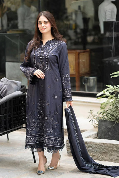 BrandsInn-3PC DHANAK EMBROIDERED SHIRT WITH DHANAK EMBROIDERED SHAWL & TROUSER-BI-4172