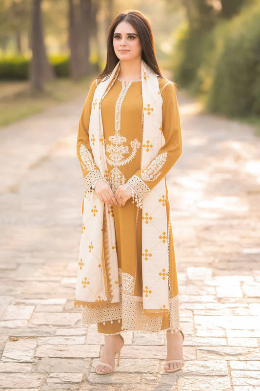 BrandsInn-3PC DHANAK EMBROIDERED SHIRT WITH COURTRAI WOOL PRINTED SHAWL AND TROUSER-BI-4281