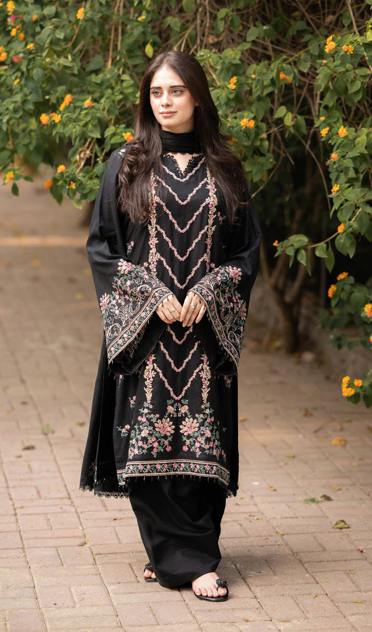 BrandsInn-3PC DHANAK EMBROIDERED SHIRT WITH DHANAK EMBROIDERED SHAWL & TROUSER-BI-4346