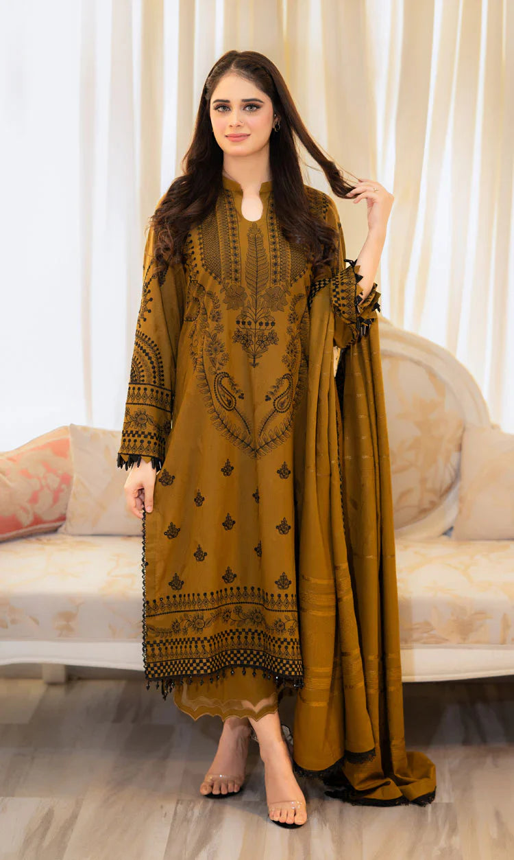 BrandsInn-3PC DHANAK EMBROIDERED SHIRT WITH DHANAK EMBROIDERED SHAWL & EMB TROUSER-BI-4116