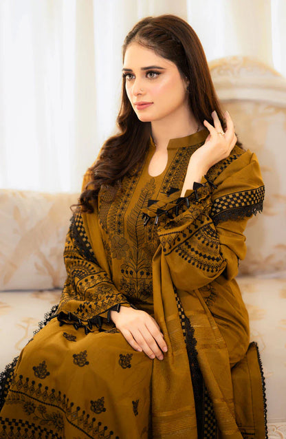 BrandsInn-3PC DHANAK EMBROIDERED SHIRT WITH DHANAK EMBROIDERED SHAWL & EMB TROUSER-BI-4066