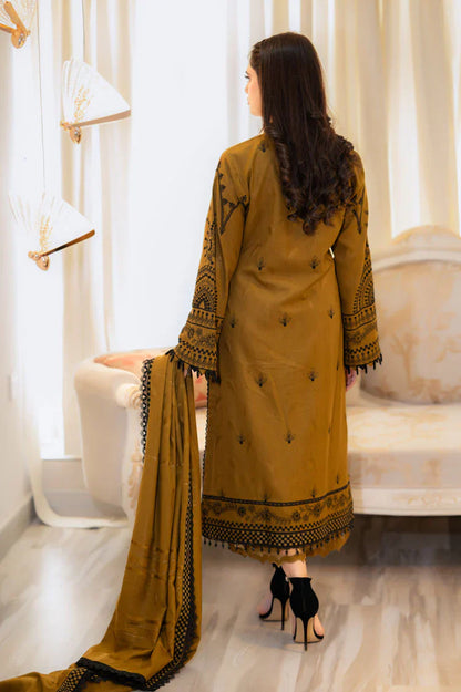 BrandsInn-3PC DHANAK EMBROIDERED SHIRT WITH DHANAK EMBROIDERED SHAWL & EMB TROUSER-BI-4066