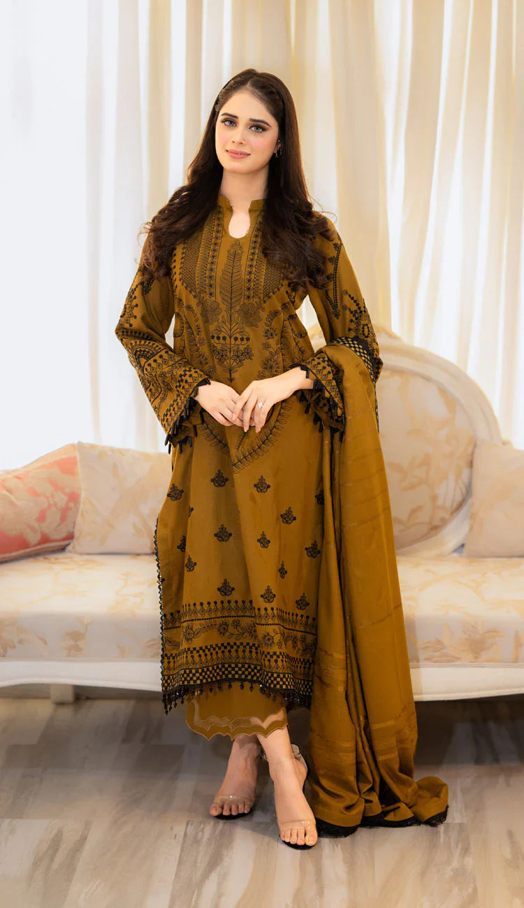 BrandsInn-3PC DHANAK EMBROIDERED SHIRT WITH DHANAK EMBROIDERED SHAWL & EMB TROUSER-BI-4066