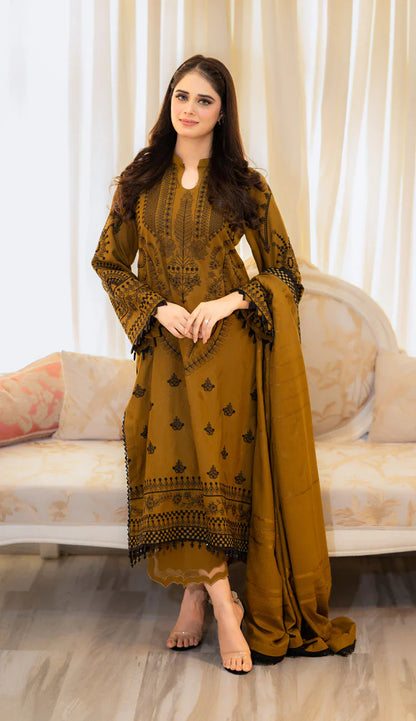 BrandsInn-3PC DHANAK EMBROIDERED SHIRT WITH DHANAK EMBROIDERED SHAWL & EMB TROUSER-BI-4066