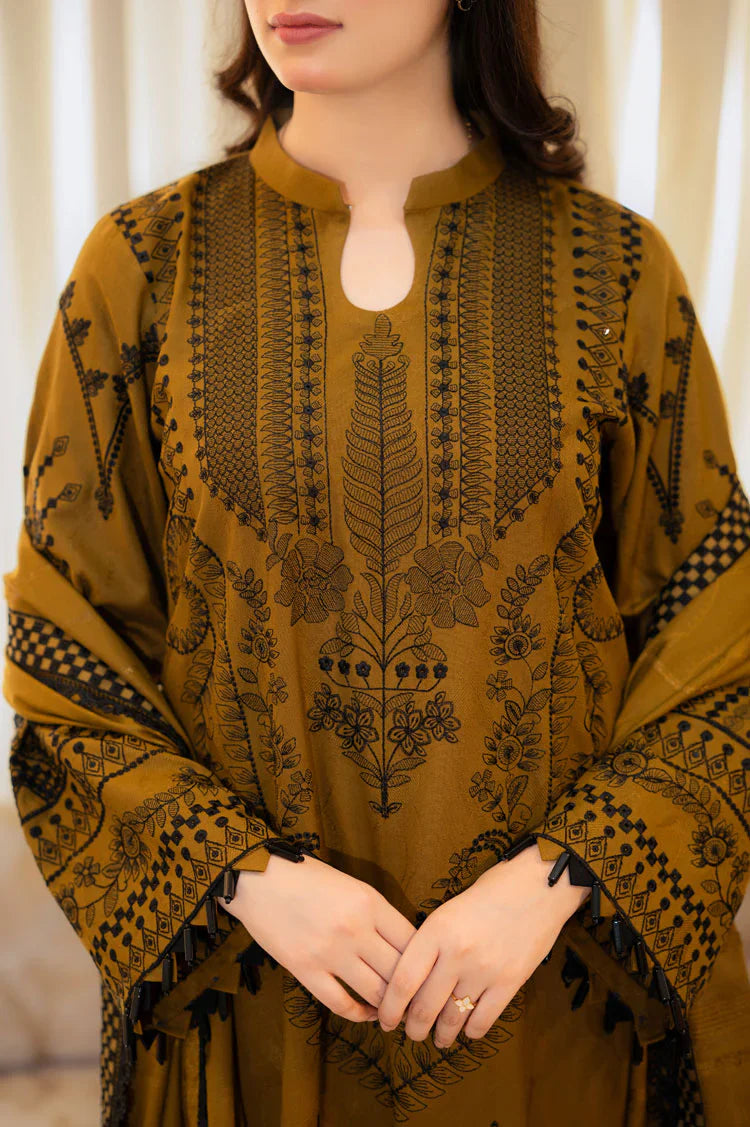 BrandsInn-3PC DHANAK EMBROIDERED SHIRT WITH DHANAK EMBROIDERED SHAWL & EMB TROUSER-BI-4066