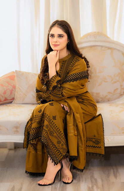 BrandsInn-3PC DHANAK EMBROIDERED SHIRT WITH DHANAK EMBROIDERED SHAWL & EMB TROUSER-BI-4066