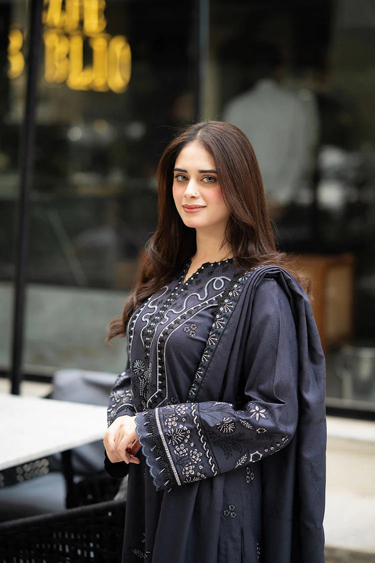 BrandsInn-3PC DHANAK EMBROIDERED SHIRT WITH DHANAK EMBROIDERED SHAWL & TROUSER-BI-4172
