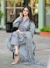 BrandsInn-3PC DHANAK EMBROIDERED SHIRT WITH DHANAK SHAWL AND TROUSER-BI-4137