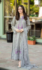 BrandsInn-3PC DHANAK EMBROIDERED SHIRT WITH DHANAK SHAWL AND TROUSER-BI-4137