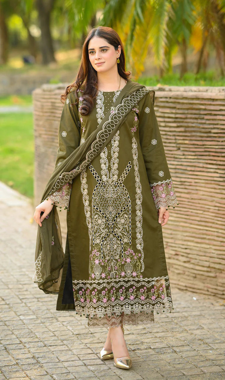 BrandsInn-3PC KARANDI EMBROIDERED SHIRT WITH KARANDI EMBROIDERED SHAWL & EMB TROUSER-BI-4298