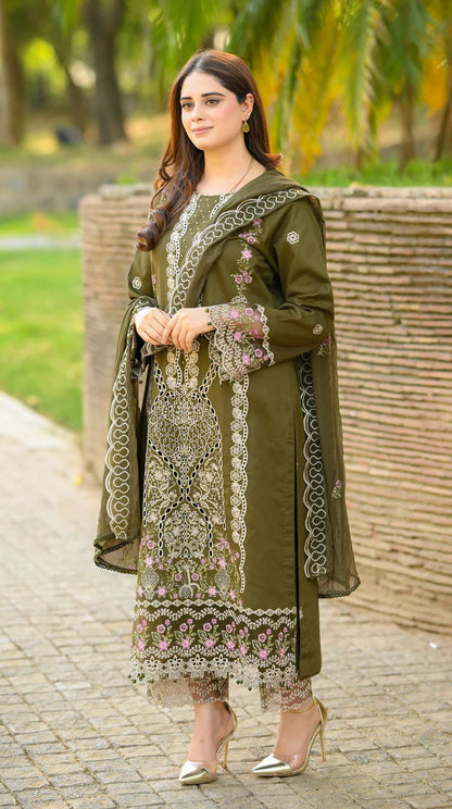 BrandsInn-3PC KARANDI EMBROIDERED SHIRT WITH KARANDI EMBROIDERED SHAWL & EMB TROUSER-BI-4298