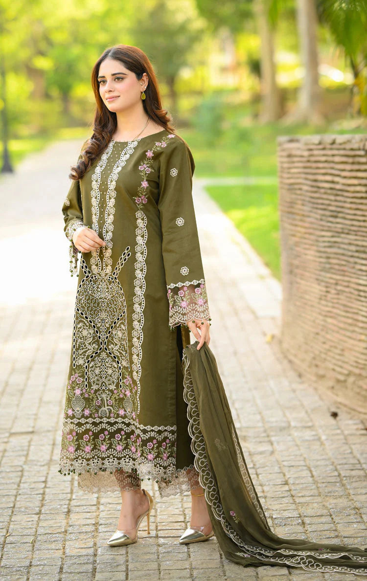 BrandsInn-3PC KARANDI EMBROIDERED SHIRT WITH KARANDI EMBROIDERED SHAWL & EMB TROUSER-BI-4298