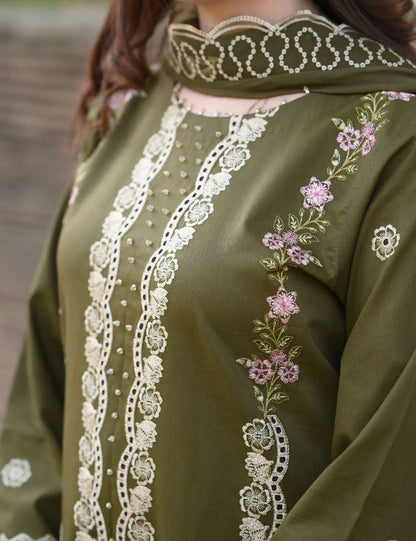 BrandsInn-3PC KARANDI EMBROIDERED SHIRT WITH KARANDI EMBROIDERED SHAWL & EMB TROUSER-BI-4298