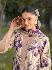 BrandsInn-3PC LAWN PRINTED EMB SHIRT WITH SILK PRINTED DUPATTA AND PRINTED TROUSER-BI-045