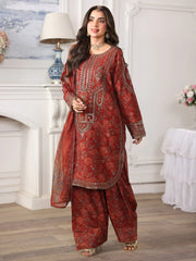 BrandsInn-3PC LAWN PRINTED EMBROIDERED SHIRT WITH SILK PRINTED DUPATTA AND PRINTED EMB TROUSER-BI-007
