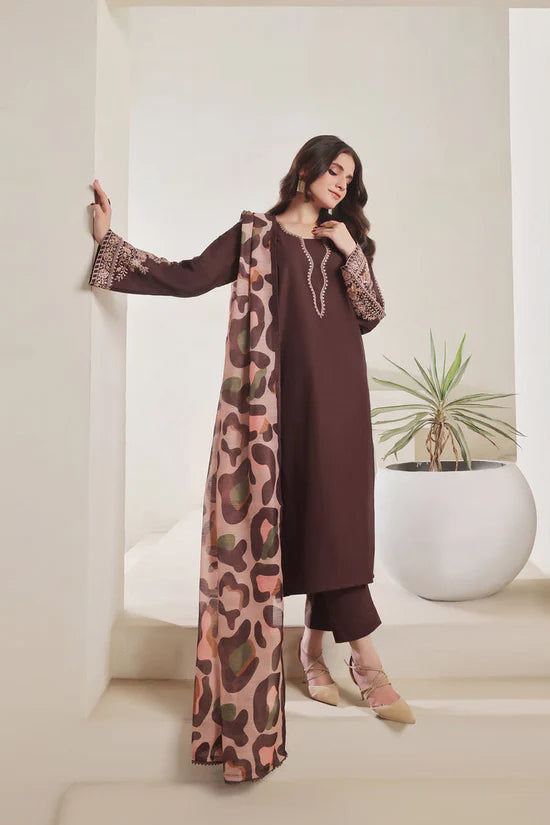 BrandsInn-3PC DHANAK EMBROIDERED SHIRT WITH COURTRAI PRINTED SHAWL AND TROUSER-BI-4277