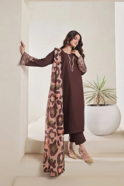 BrandsInn-3PC DHANAK EMBROIDERED SHIRT WITH COURTRAI PRINTED SHAWL AND TROUSER-BI-4277