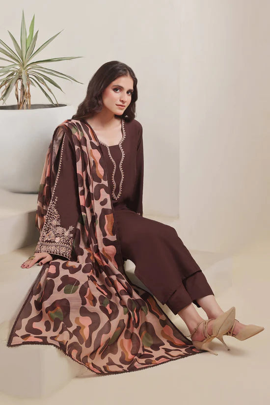BrandsInn-3PC DHANAK EMBROIDERED SHIRT WITH COURTRAI PRINTED SHAWL AND TROUSER-BI-4277