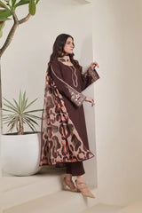 BrandsInn-3PC DHANAK EMBROIDERED SHIRT WITH COURTRAI PRINTED SHAWL AND TROUSER-BI-4277