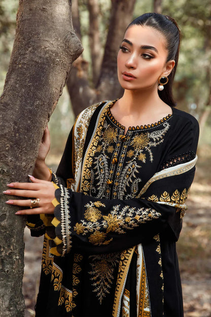 BrandsInn-3PC KHADDAR EMBROIDERED SHIRT WITH COURTRAI PRINTED SHAWL & TROUSER-BI-307
