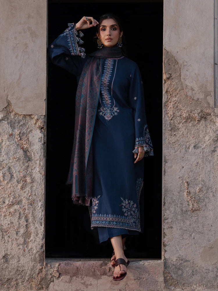 BrandsInn-3PC DHANAK EMBROIDERED SHIRT WITH COURTRAI PRINTED SHAWL & TROUSER-BI-4350
