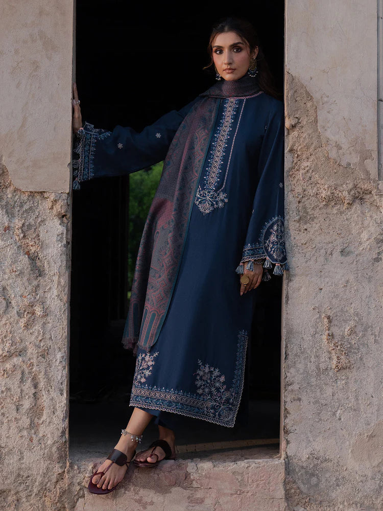 BrandsInn-3PC DHANAK EMBROIDERED SHIRT WITH COURTRAI PRINTED SHAWL & TROUSER-BI-4350