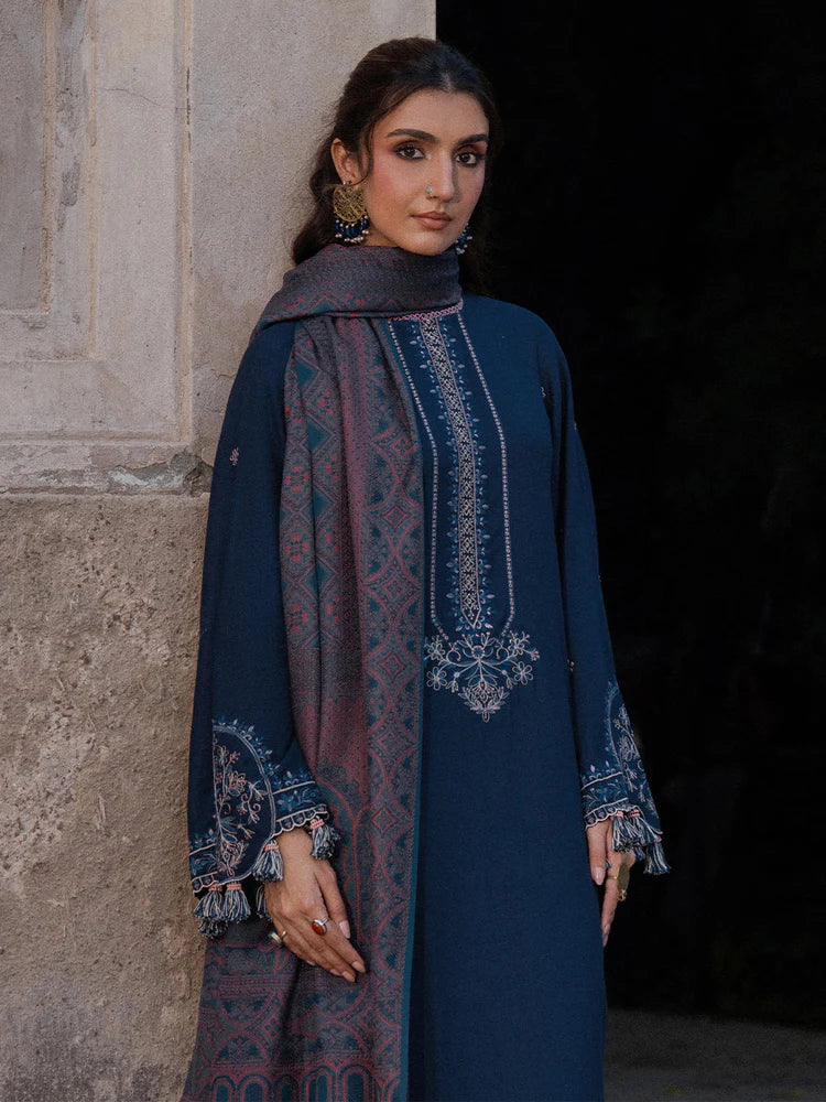 BrandsInn-3PC DHANAK EMBROIDERED SHIRT WITH COURTRAI PRINTED SHAWL & TROUSER-BI-4350