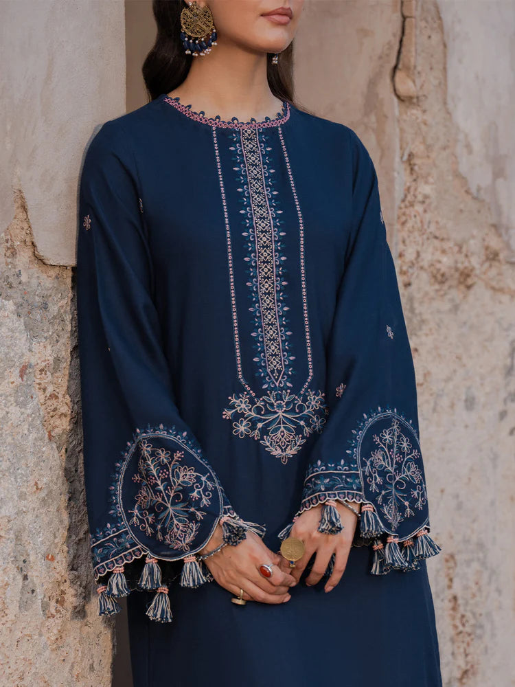 BrandsInn-3PC DHANAK EMBROIDERED SHIRT WITH COURTRAI PRINTED SHAWL & TROUSER-BI-4350