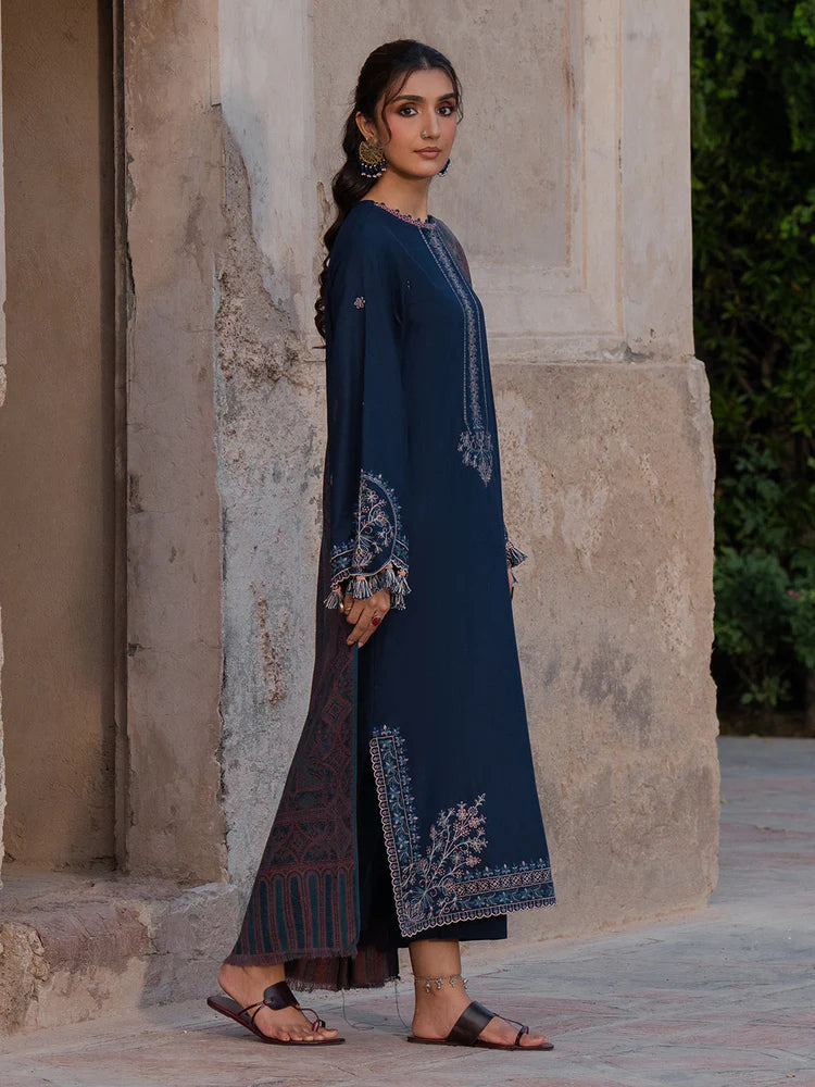 BrandsInn-3PC DHANAK EMBROIDERED SHIRT WITH COURTRAI PRINTED SHAWL & TROUSER-BI-4350