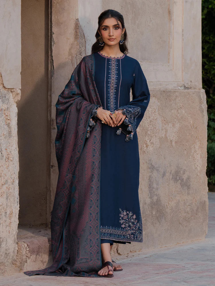 BrandsInn-3PC DHANAK EMBROIDERED SHIRT WITH COURTRAI PRINTED SHAWL & TROUSER-BI-4350