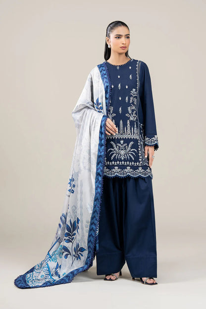BrandsInn-3PC DHANAK EMBROIDERED SHIRT WITH COUTRAI WOOL PRINTED SHAWL AND TROUSER-BI-4069
