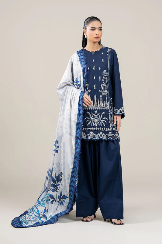 BrandsInn-3PC DHANAK EMBROIDERED SHIRT WITH COUTRAI WOOL PRINTED SHAWL AND TROUSER-BI-4069