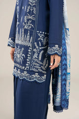 BrandsInn-3PC DHANAK EMBROIDERED SHIRT WITH COUTRAI WOOL PRINTED SHAWL AND TROUSER-BI-4069