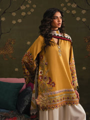 BrandsInn-3PC DHANAK EMBROIDERED SHIRT WITH COUTRAI PRINTED SHAWL TYE&DYE DUPATTA SHAWL AND TROUSER-BI-5230