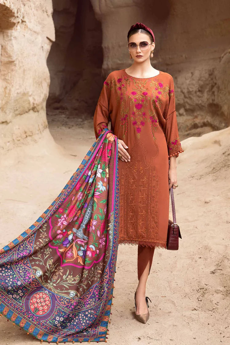 BrandsInn- 3PC DHANAK EMBROIDERED SHIRT WITH COURTRAI PRINTED SHAWL AND TROUSER-BI-1203