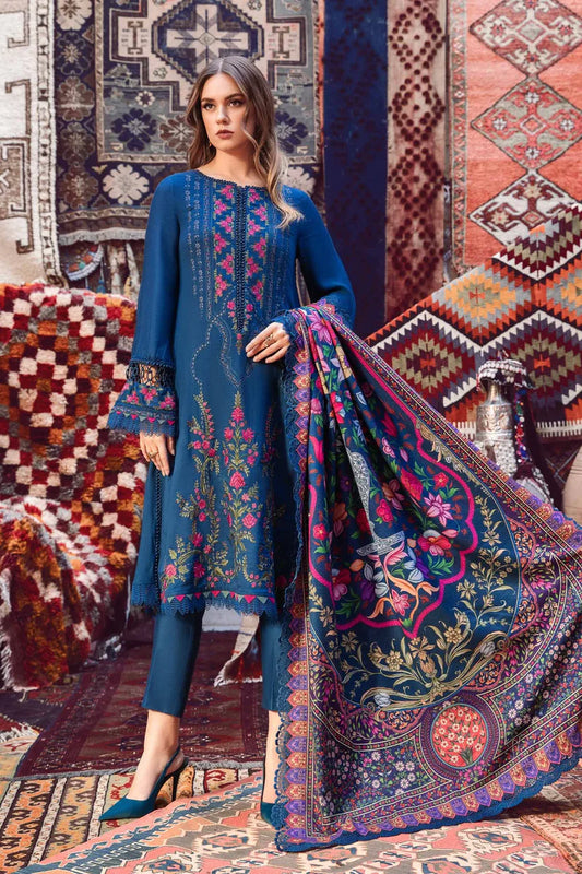 BrandsInn- 3PC DHANAK EMBROIDERED SHIRT WITH COUTRAI PRINT SHAWL AND TROUSER-BI-4047