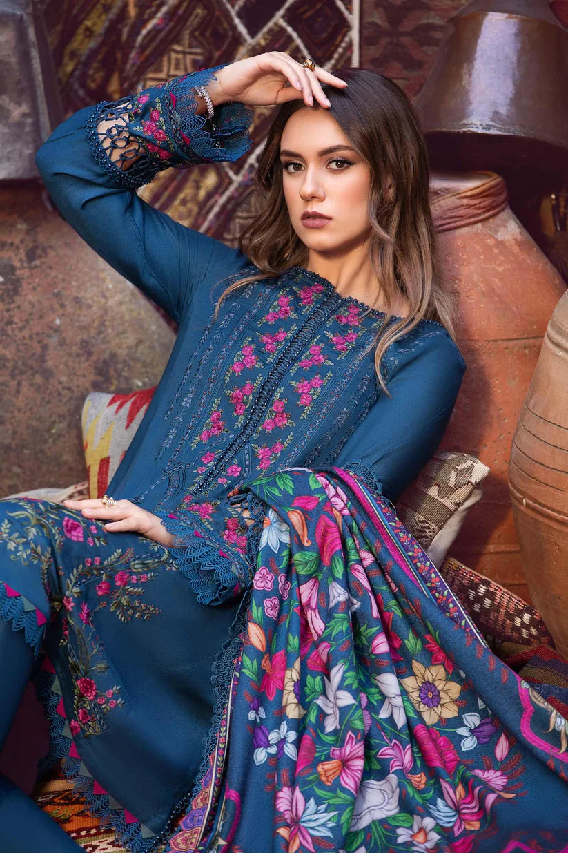 BrandsInn- 3PC DHANAK EMBROIDERED SHIRT WITH COUTRAI PRINT SHAWL AND TROUSER-BI-4075
