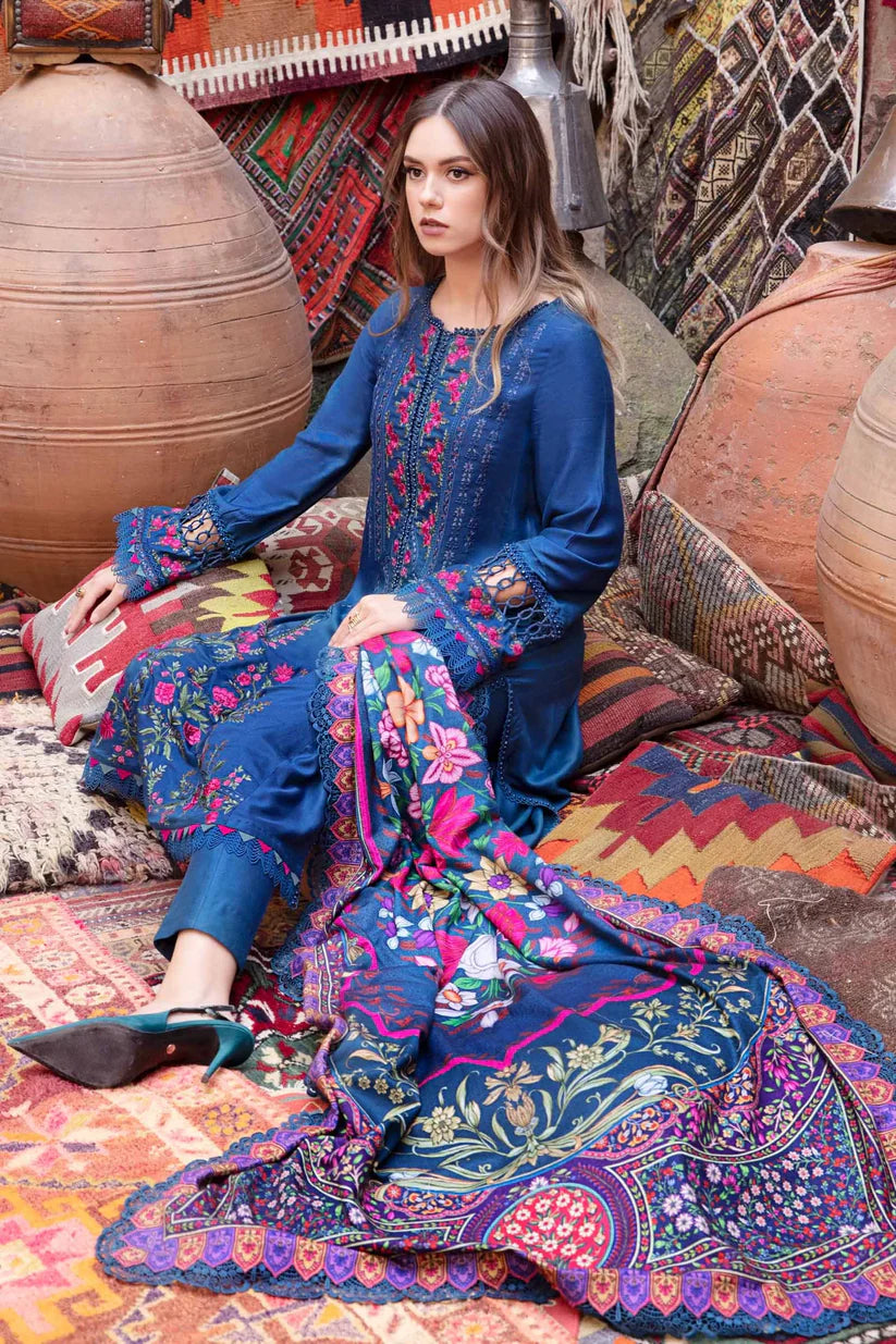 BrandsInn- 3PC DHANAK EMBROIDERED SHIRT WITH COUTRAI PRINT SHAWL AND TROUSER-BI-4075