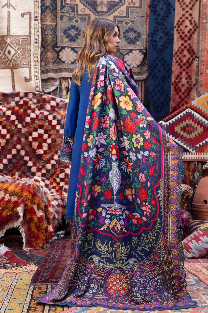BrandsInn- 3PC DHANAK EMBROIDERED SHIRT WITH COUTRAI PRINT SHAWL AND TROUSER-BI-4075