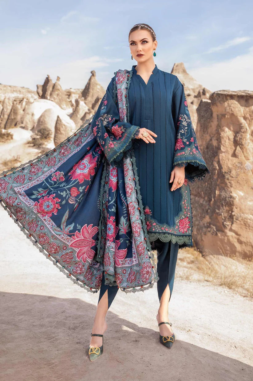 BrandsInn - 3PC DHANAK EMBROIDERED SHIRT WITH COUTURE PRINT SHAWL AND TROUSER-BI-4070