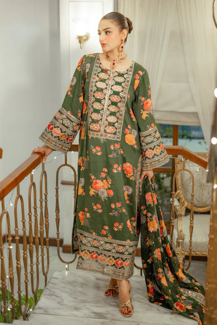 BrandsInn-3PC SHAMOZE SILK PRINTED EMBROIDERED SHIRT WITH SOFT SILK PRINTED EMB DUPATTA & PRINTED TROUSER BI-